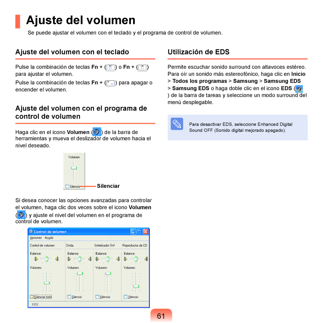 Samsung NP-X22A003/SES Ajuste del volumen con el teclado, Ajuste del volumen con el programa de control de volumen 