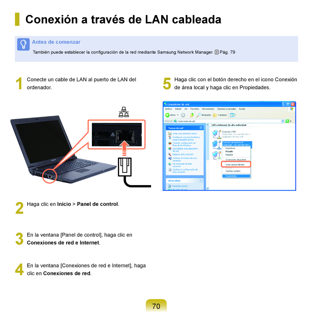 Samsung NP-X22A001/SES, NP-X22A004/SES manual Conexión a través de LAN cableada, Haga clic en Inicio Panel de control 