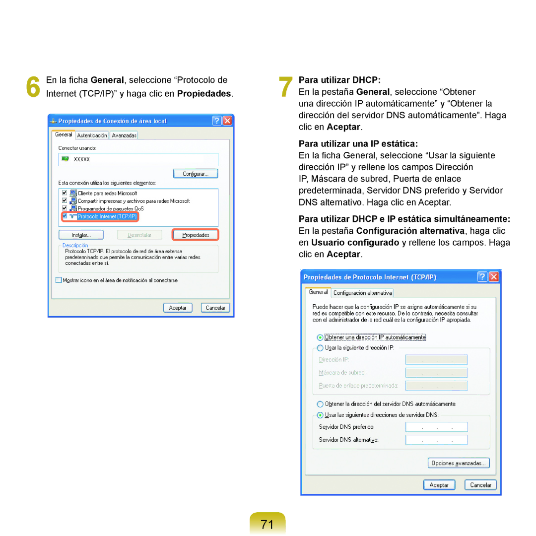 Samsung NP-X22A004/SES, NP-X22T000/SES, NP-X22A003/SES, NP-X22A002/SES Para utilizar Dhcp, Para utilizar una IP estática 