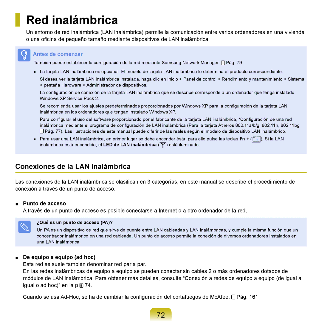 Samsung NP-X22T000/SES manual Red inalámbrica, Conexiones de la LAN inalámbrica, Punto de acceso, De equipo a equipo ad hoc 