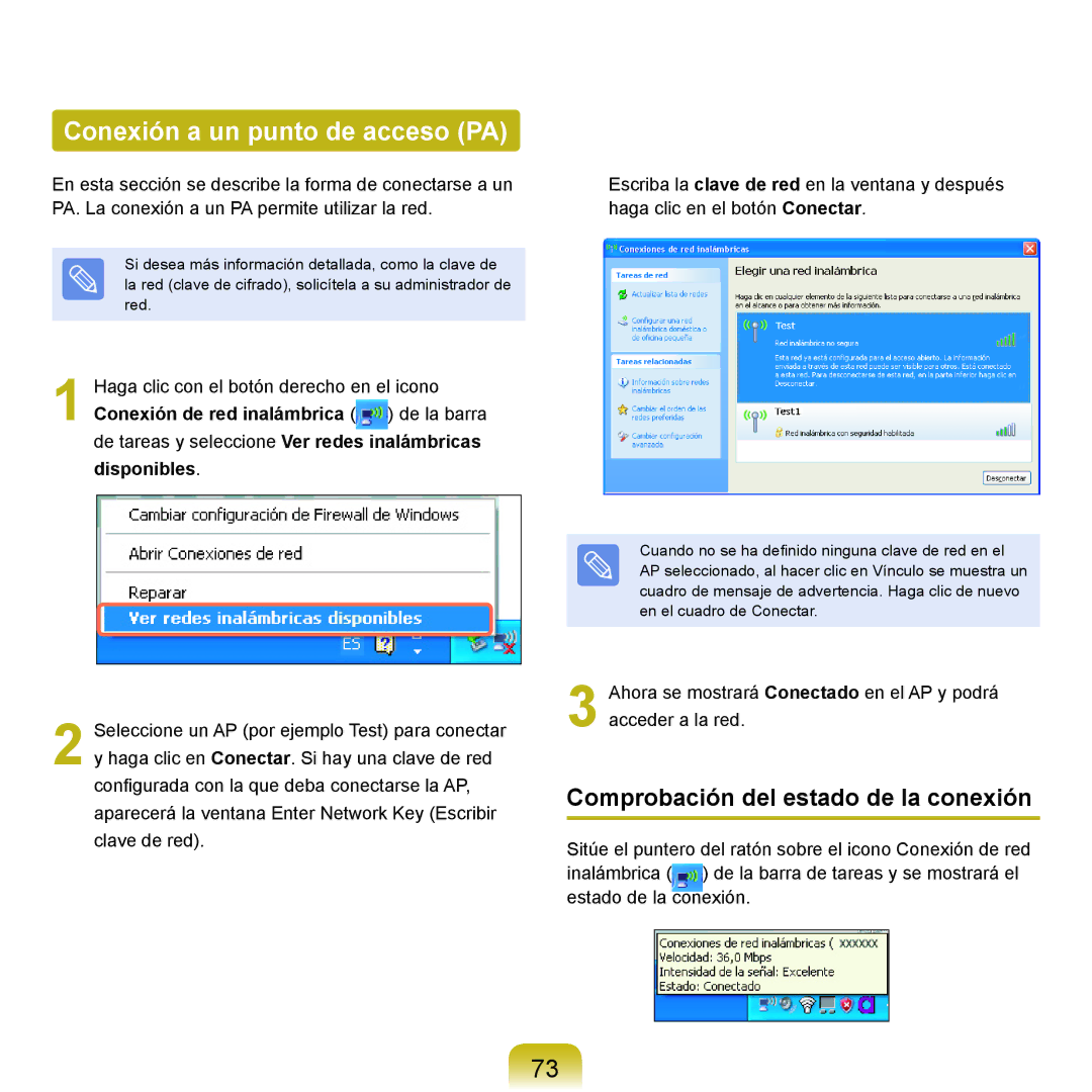 Samsung NP-X22A003/SES, NP-X22A004/SES manual Conexión a un punto de acceso PA, Comprobación del estado de la conexión 