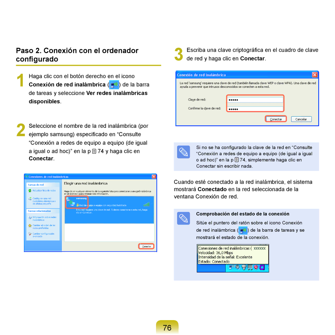 Samsung NP-X22A001/SES manual Paso 2. Conexión con el ordenador configurado, Comprobación del estado de la conexión 