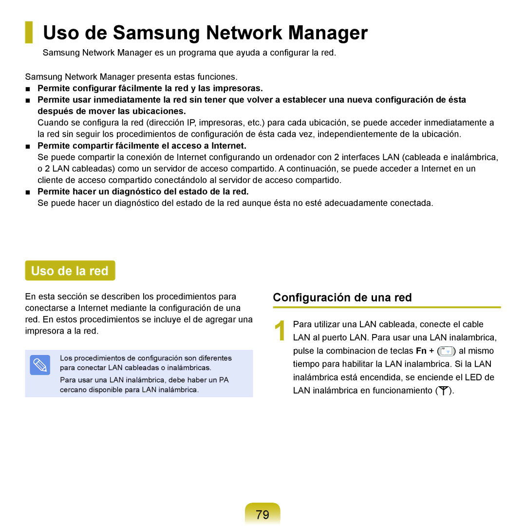 Samsung NP-X22A003/SES, NP-X22A004/SES manual Uso de Samsung Network Manager, Uso de la red, Configuración de una red 