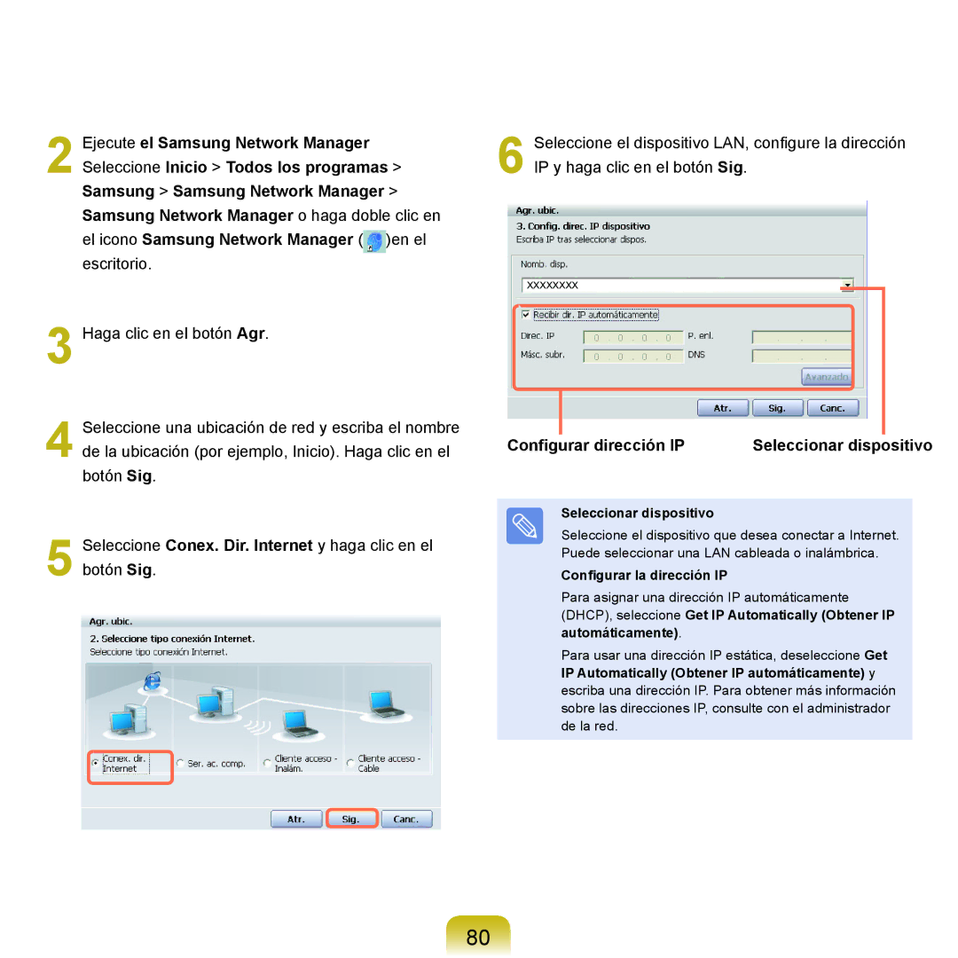 Samsung NP-X22A002/SES, NP-X22A004/SES manual Configurar dirección IP Seleccionar dispositivo, Configurar la dirección IP 