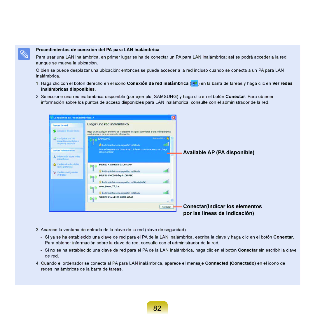 Samsung NP-X22A001/SES, NP-X22A004/SES, NP-X22T000/SES manual Procedimientos de conexión del PA para LAN inalámbrica 