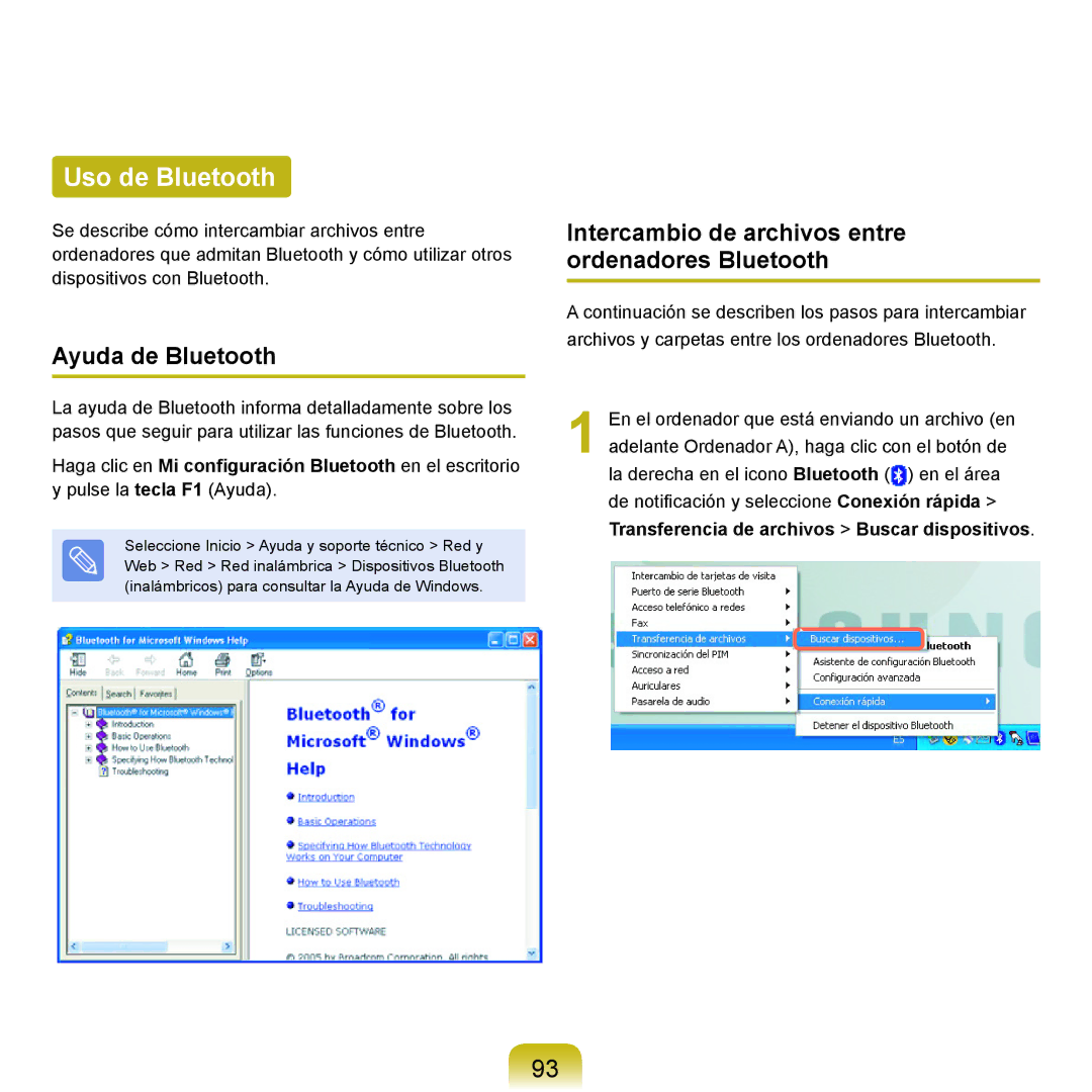 Samsung NP-X22A000/SES manual Uso de Bluetooth, Ayuda de Bluetooth, Intercambio de archivos entre ordenadores Bluetooth 