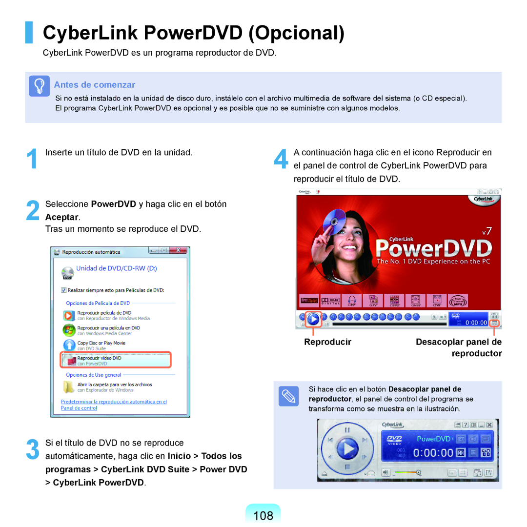 Samsung NP-X22T000/SES, NP-X22A004/SES, NP-X22A003/SES manual CyberLink PowerDVD Opcional, 108, Reproducir, Reproductor 