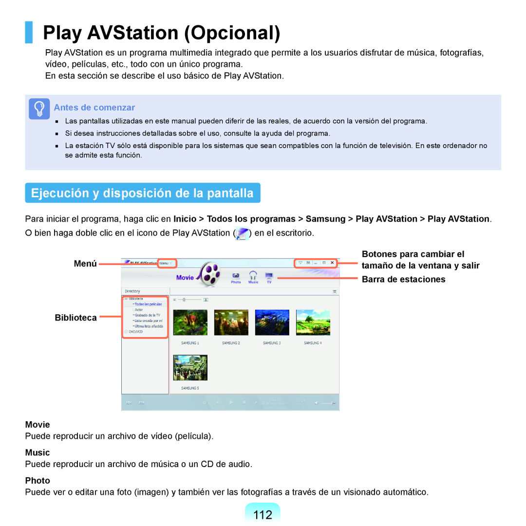 Samsung NP-X22A001/SES, NP-X22A004/SES manual Play AVStation Opcional, Ejecución y disposición de la pantalla, 112, Music 