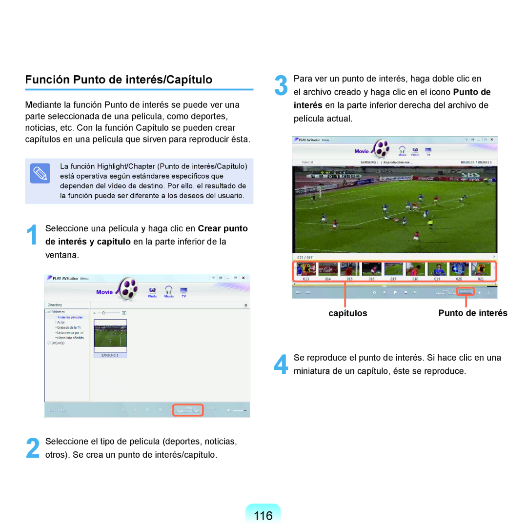 Samsung NP-X22A002/SES, NP-X22A004/SES, NP-X22T000/SES 116, Función Punto de interés/Capítulo, Capítulos Punto de interés 