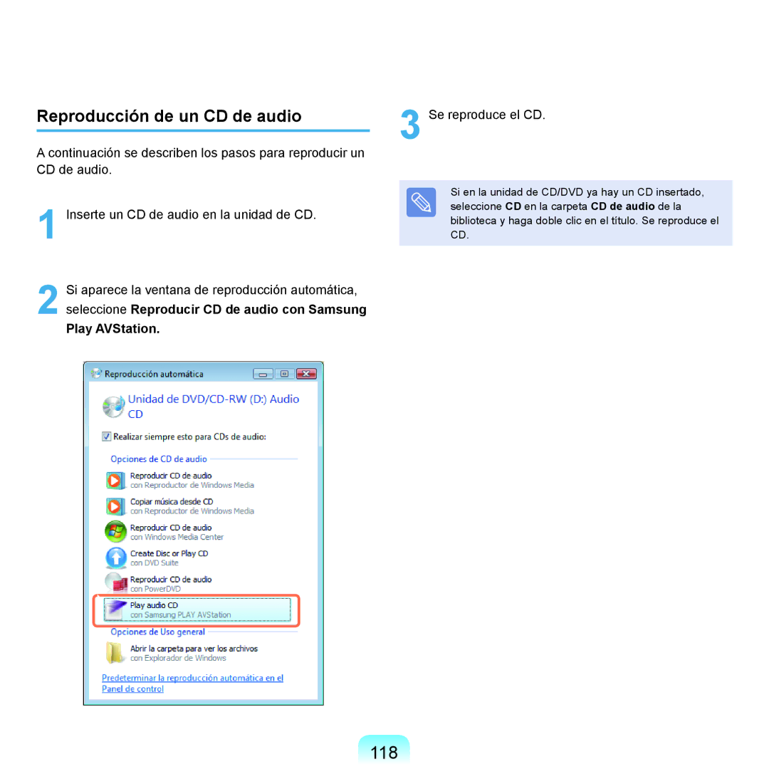 Samsung NP-X22A001/SES, NP-X22A004/SES, NP-X22T000/SES, NP-X22A003/SES 118, Reproducción de un CD de audio, Play AVStation 