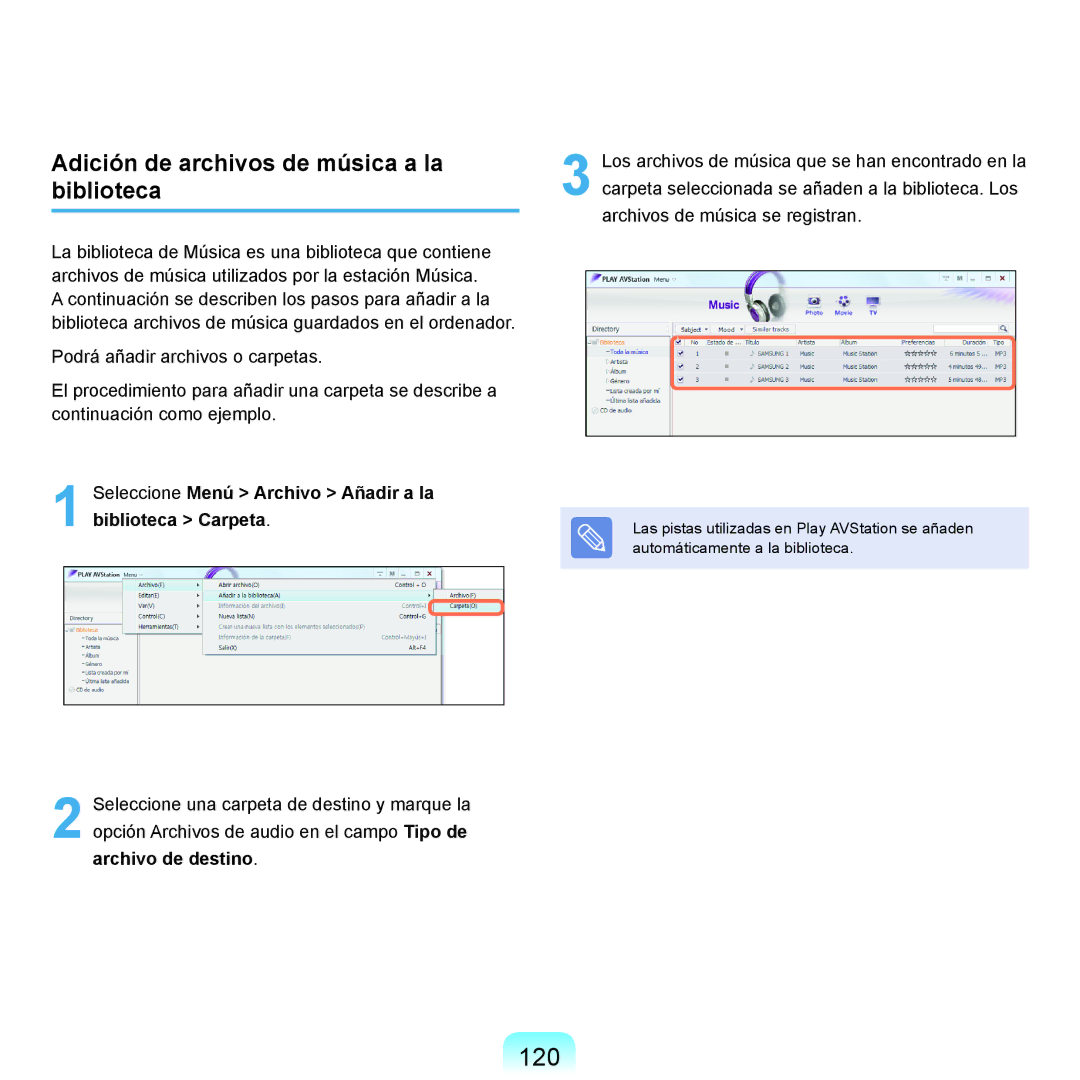 Samsung NP-X22T000/SES, NP-X22A004/SES, NP-X22A003/SES, NP-X22A002/SES 120, Adición de archivos de música a la biblioteca 