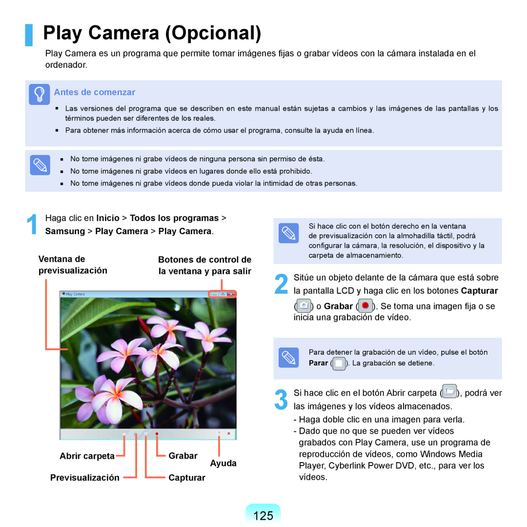 Samsung NP-X22A004/SES, NP-X22T000/SES Play Camera Opcional, 125, Abrir carpeta Grabar Ayuda Previsualización Capturar 