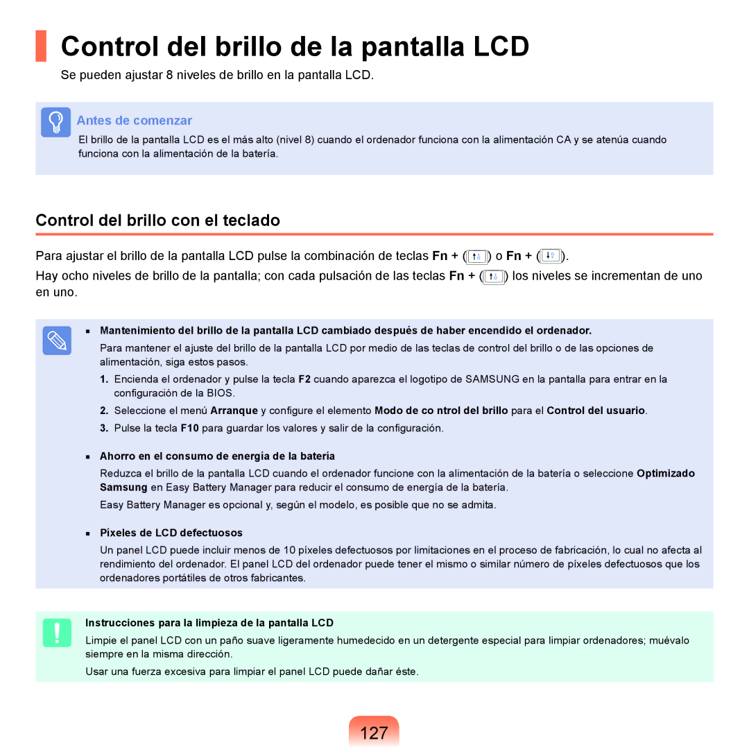 Samsung NP-X22A003/SES, NP-X22A004/SES manual Control del brillo de la pantalla LCD, 127, Control del brillo con el teclado 