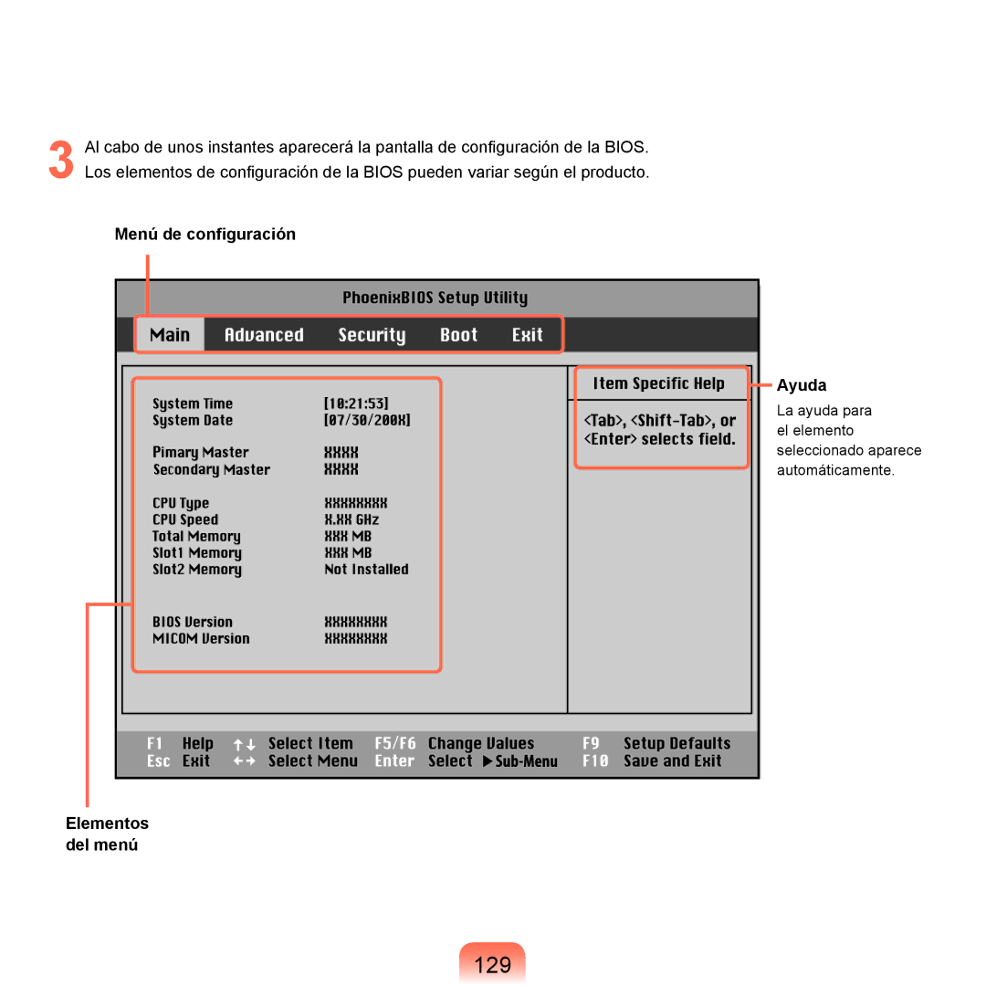 Samsung NP-X22A000/SES, NP-X22A004/SES manual 129, Menú de configuración, Elementos, Del menú, Seleccionado aparece 