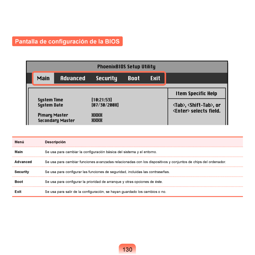 Samsung NP-X22A001/SES, NP-X22A004/SES, NP-X22T000/SES, NP-X22A003/SES manual Pantalla de configuración de la Bios, 130 