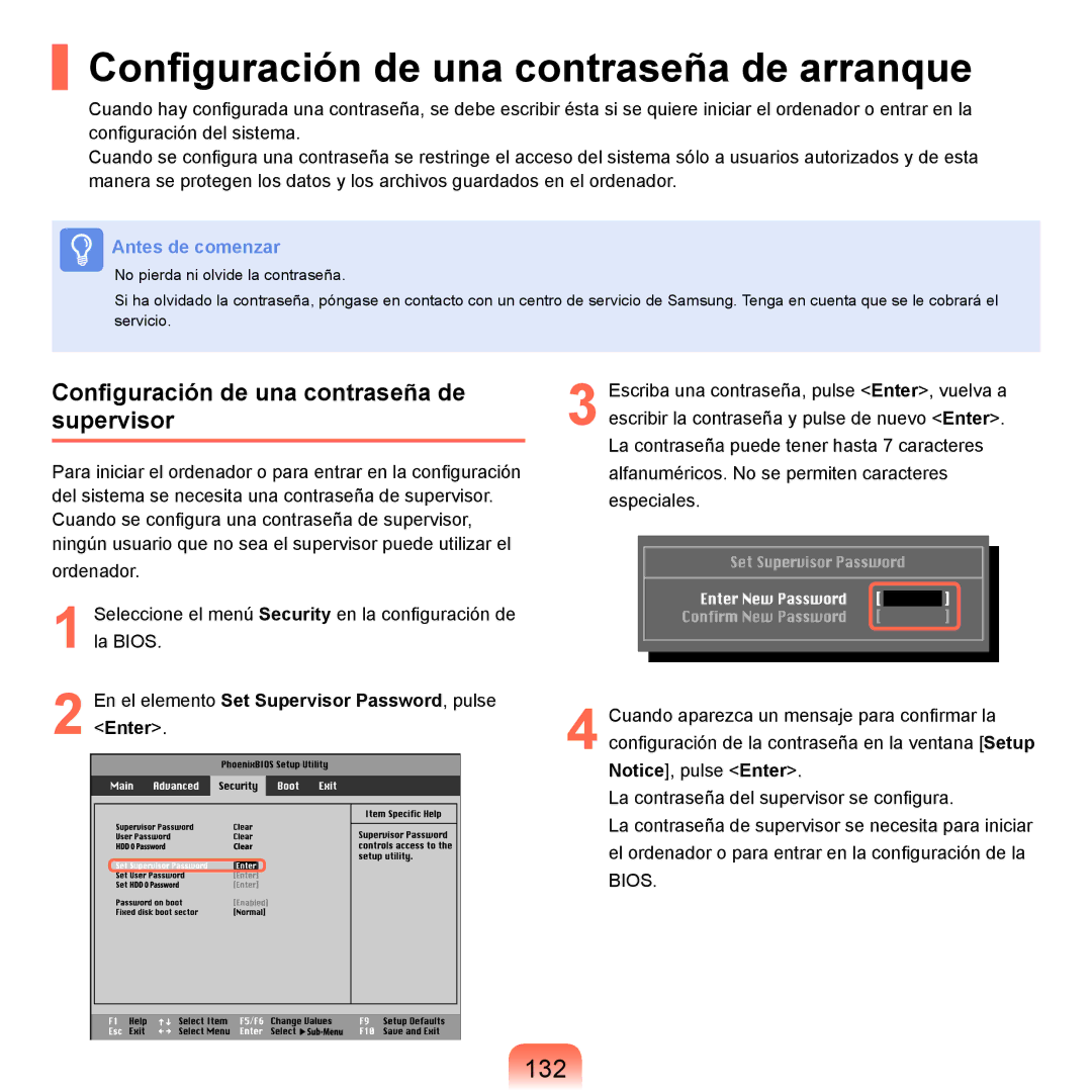 Samsung NP-X22T000/SES Configuración de una contraseña de arranque, 132, Configuración de una contraseña de supervisor 