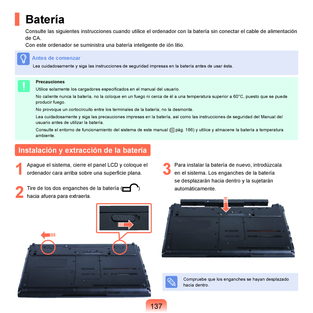 Samsung NP-X22A004/SES, NP-X22T000/SES, NP-X22A003/SES Batería, Instalación y extracción de la batería, 137, Precauciones 