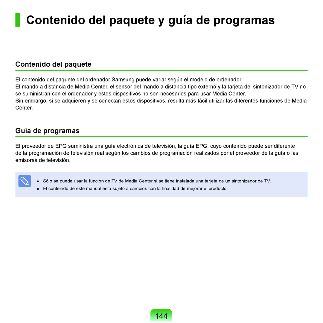 Samsung NP-X22T000/SES, NP-X22A004/SES, NP-X22A003/SES Contenido del paquete y guía de programas, 144, Guía de programas 