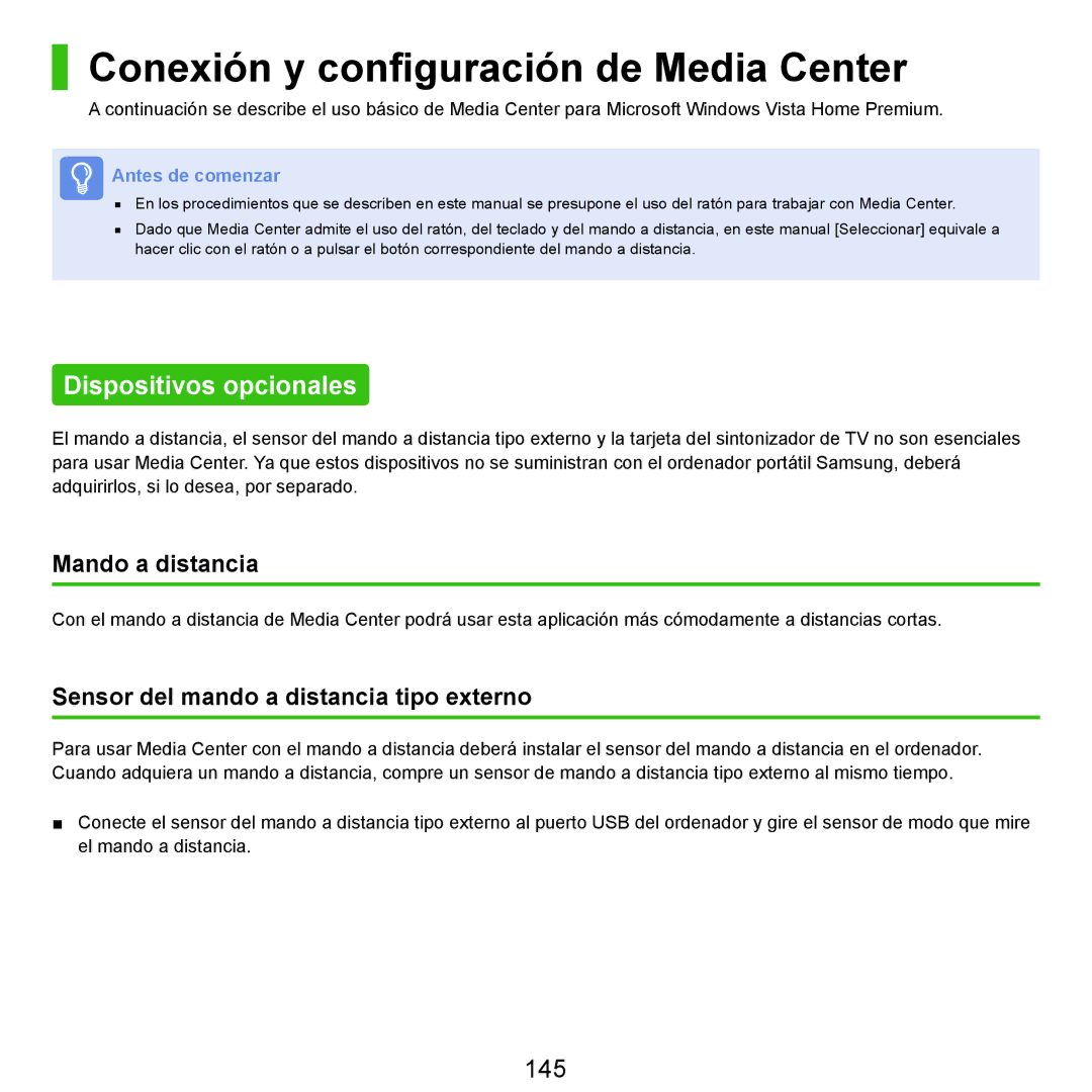 Samsung NP-X22A003/SES manual Conexión y configuración de Media Center, Dispositivos opcionales, 145, Mando a distancia 