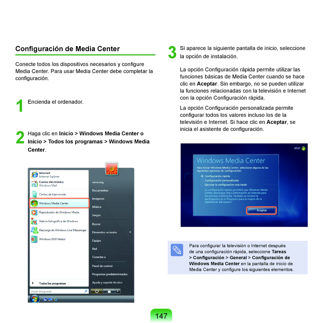Samsung NP-X22A000/SES, NP-X22A004/SES manual 147, Configuración de Media Center, Configuración General Configuración de 