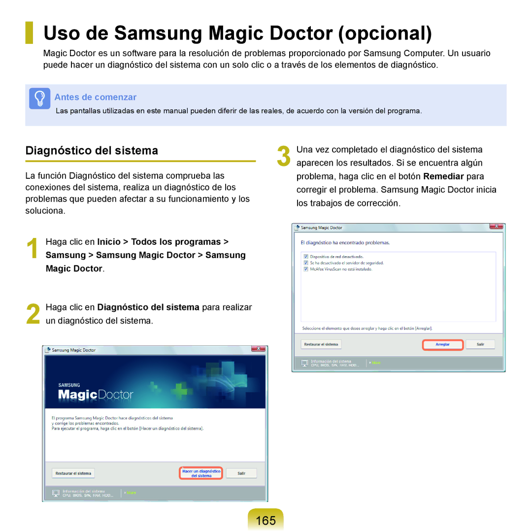 Samsung NP-X22A000/SES, NP-X22A004/SES, NP-X22T000/SES Uso de Samsung Magic Doctor opcional, 165, Diagnóstico del sistema 