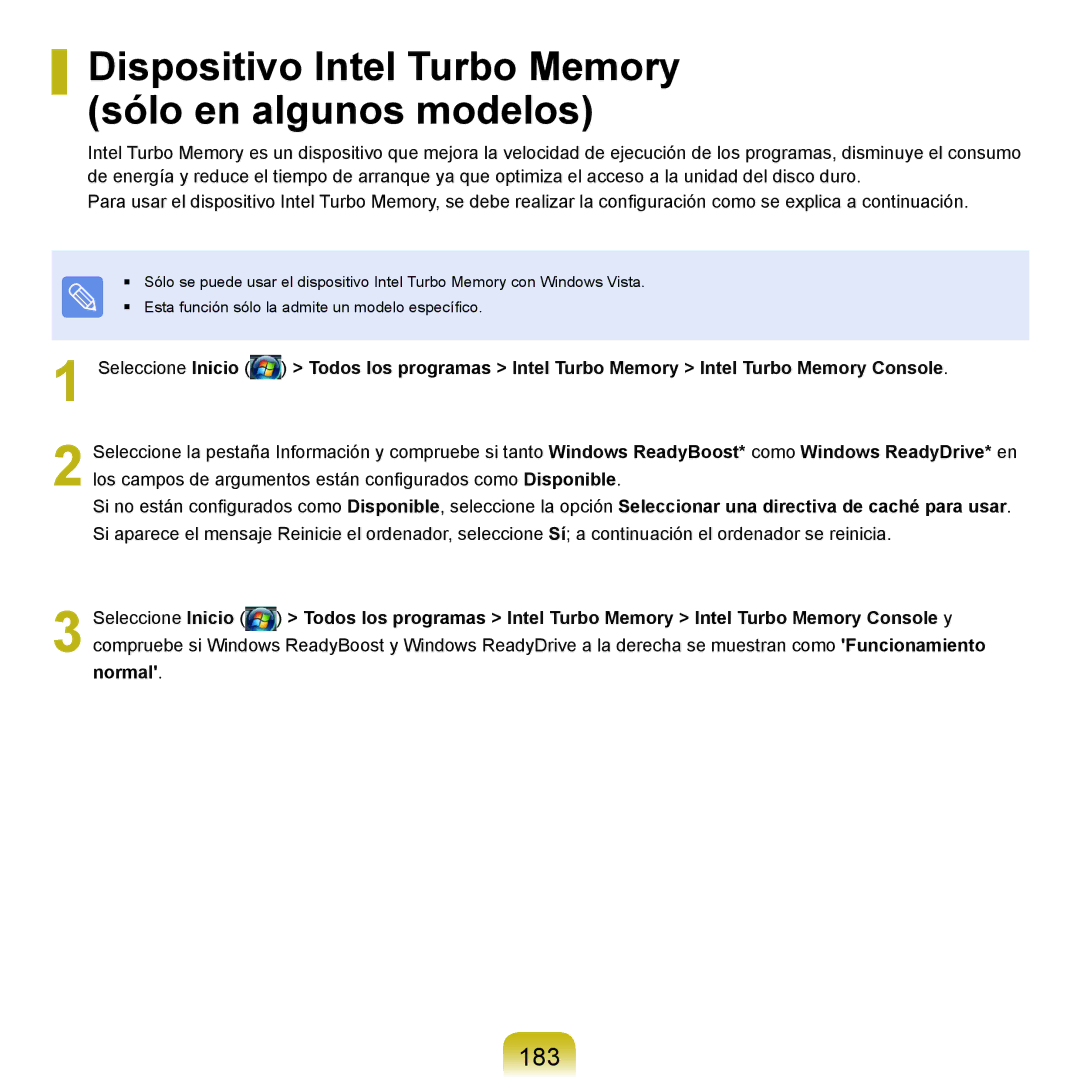 Samsung NP-X22A000/SES, NP-X22A004/SES, NP-X22T000/SES manual Dispositivo Intel Turbo Memory sólo en algunos modelos, 183 