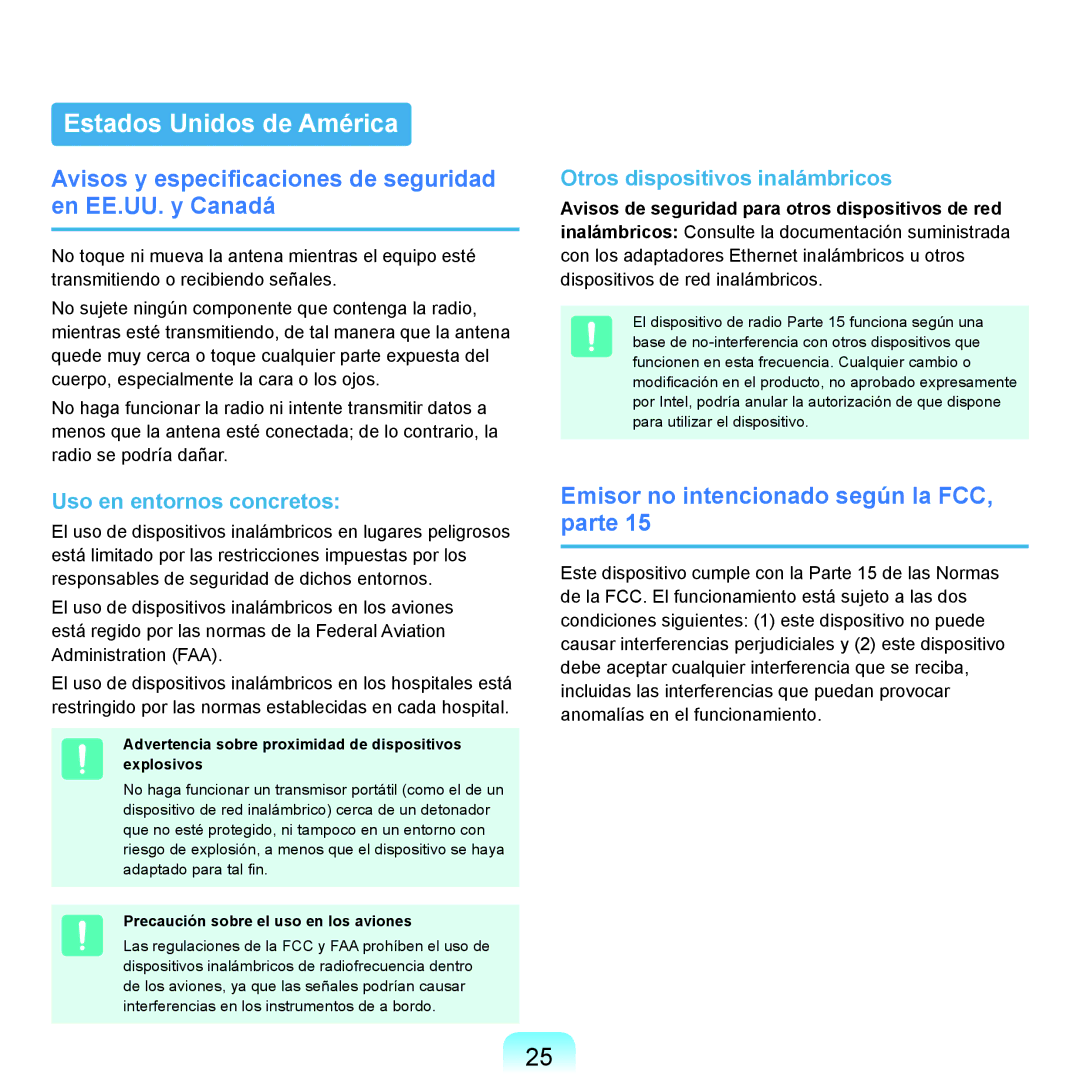 Samsung NP-X22A003/SES manual Estados Unidos de América, Avisos y especificaciones de seguridad en EE.UU. y Canadá 