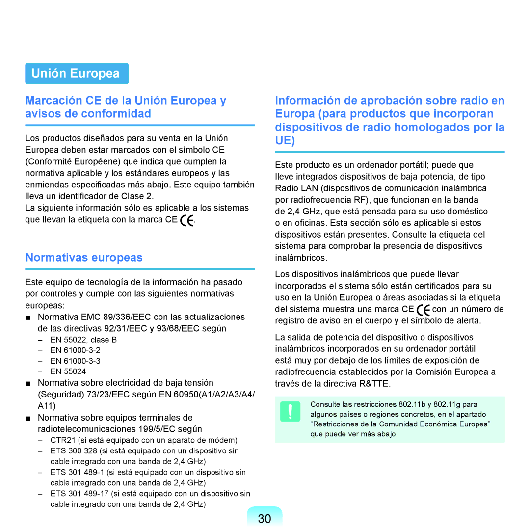 Samsung NP-X22T000/SES, NP-X22A004/SES Marcación CE de la Unión Europea y avisos de conformidad, Normativas europeas 