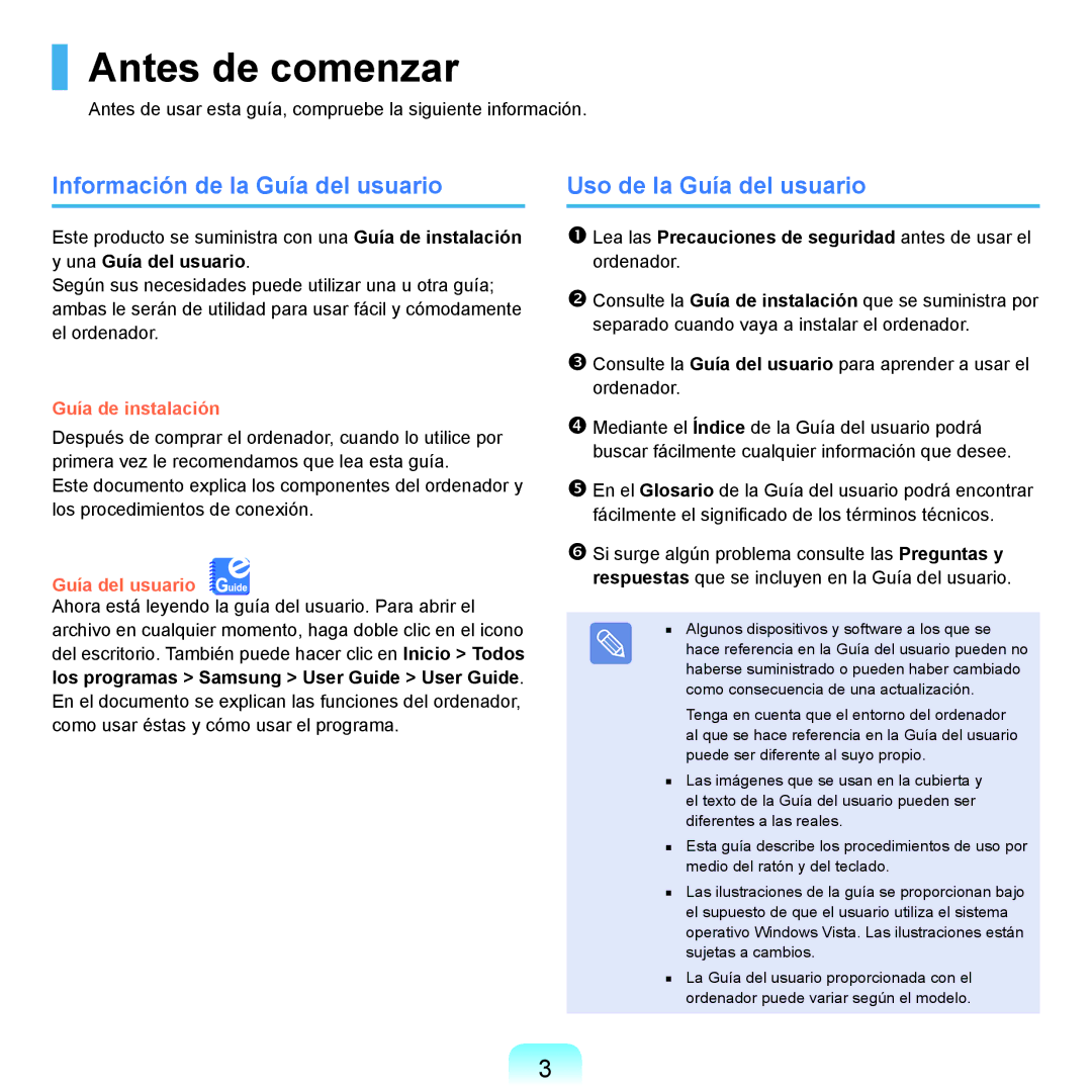 Samsung NP-X22A000/SES, NP-X22A004/SES Antes de comenzar, Información de la Guía del usuario, Uso de la Guía del usuario 