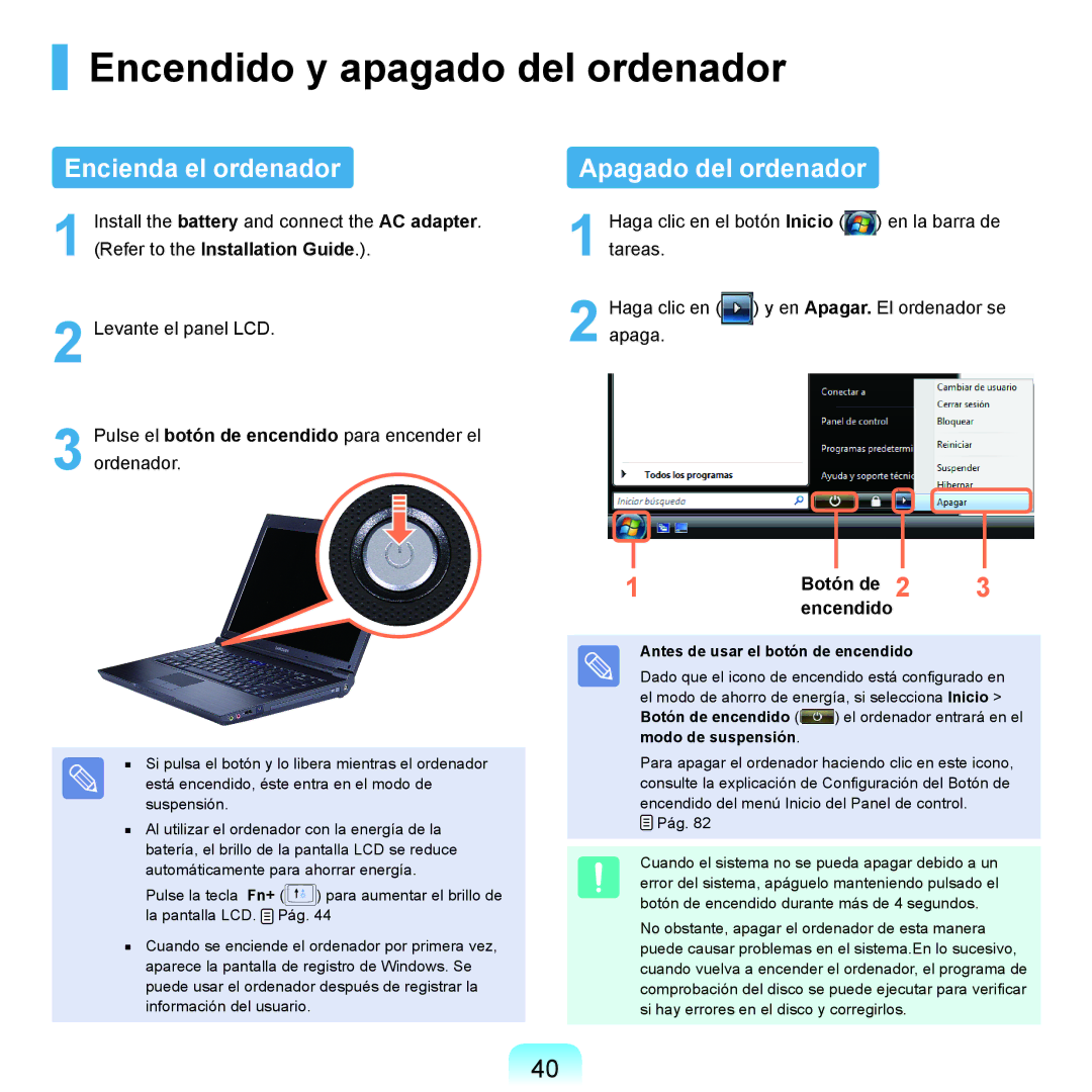 Samsung NP-X22A001/SES, NP-X22A004/SES Encendido y apagado del ordenador, Encienda el ordenador, Apagado del ordenador 