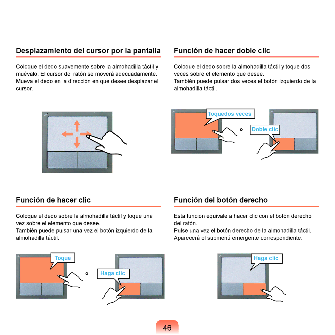 Samsung NP-X22A001/SES manual Desplazamiento del cursor por la pantalla, Función de hacer doble clic, Función de hacer clic 