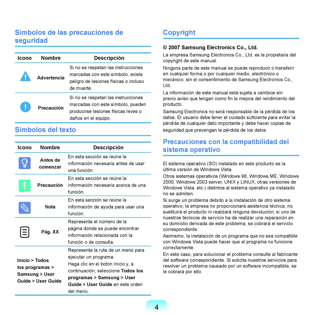 Samsung NP-X22A001/SES Simbolos de las precauciones de seguridad, Símbolos del texto, Copyright, Icono Nombre Descripción 