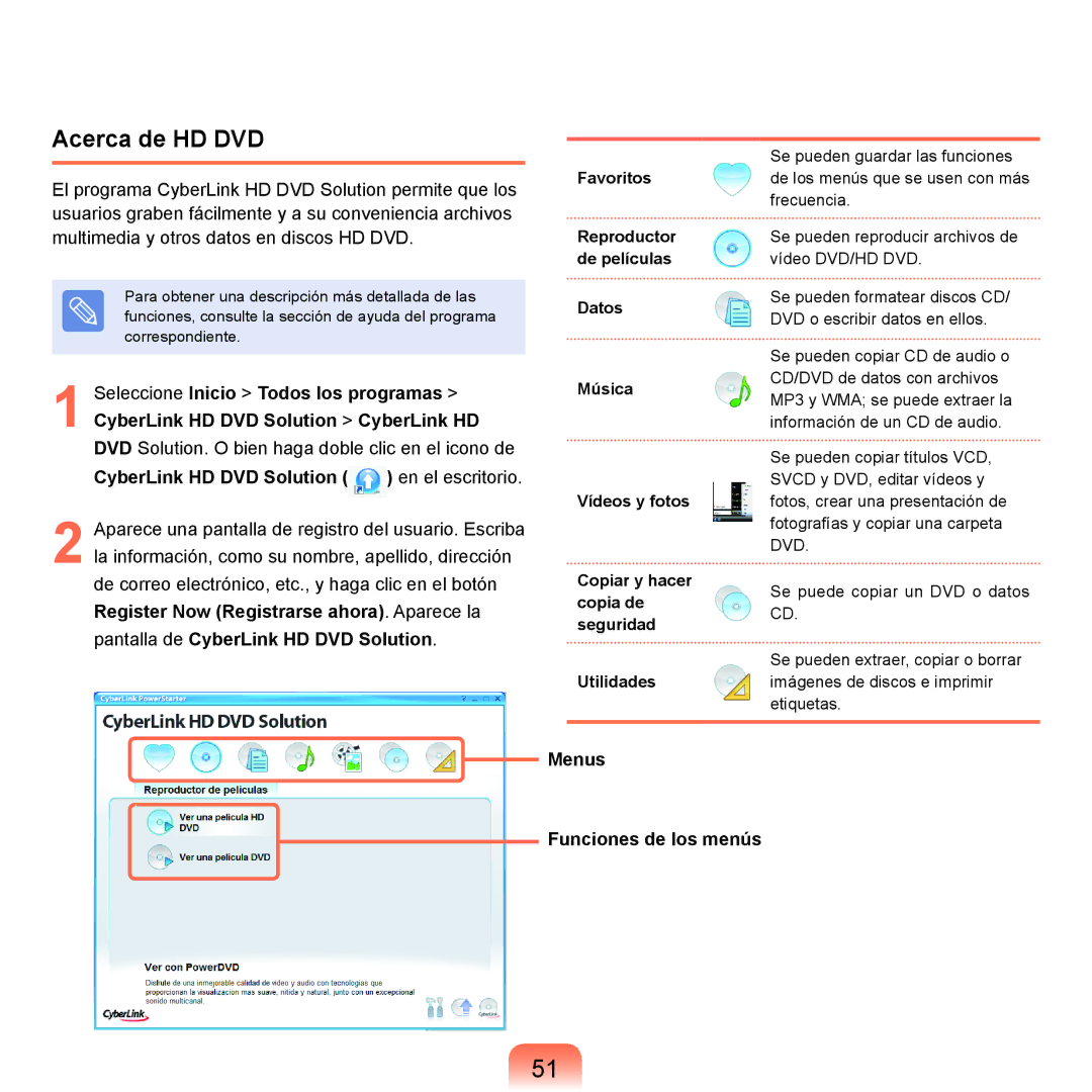 Samsung NP-X22A000/SES, NP-X22A004/SES, NP-X22T000/SES, NP-X22A003/SES manual Acerca de HD DVD, Menus Funciones de los menús 