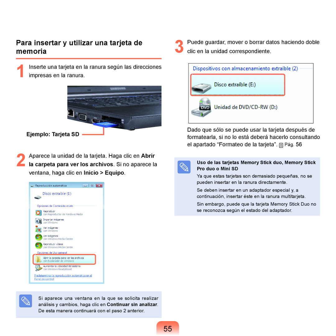 Samsung NP-X22A003/SES, NP-X22A004/SES, NP-X22T000/SES Para insertar y utilizar una tarjeta de memoria, Ejemplo Tarjeta SD 