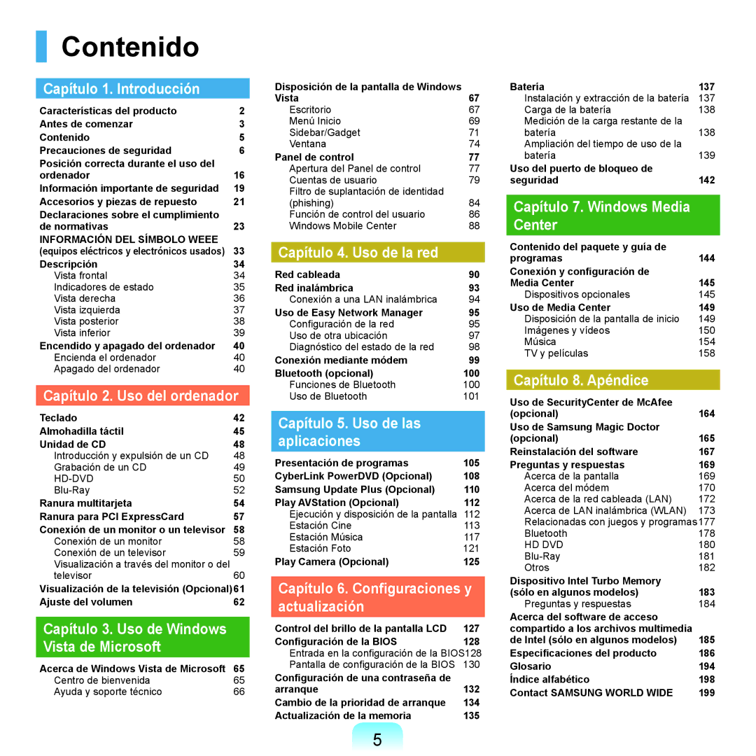 Samsung NP-X22A004/SES, NP-X22T000/SES, NP-X22A003/SES, NP-X22A002/SES, NP-X22A000/SES, NP-X22A001/SES manual Contenido 