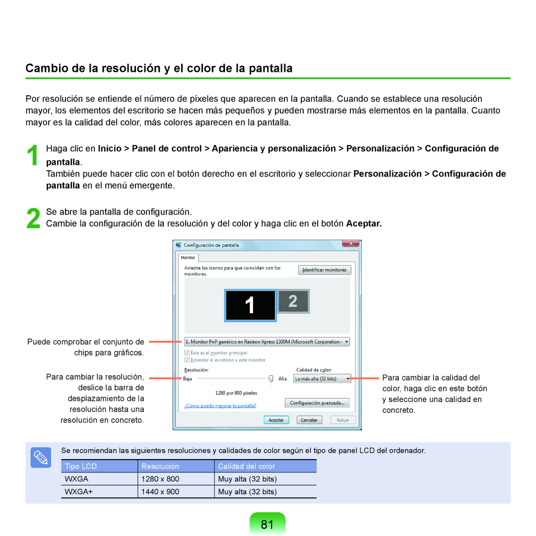 Samsung NP-X22A000/SES, NP-X22A004/SES, NP-X22T000/SES, NP-X22A003/SES Cambio de la resolución y el color de la pantalla 