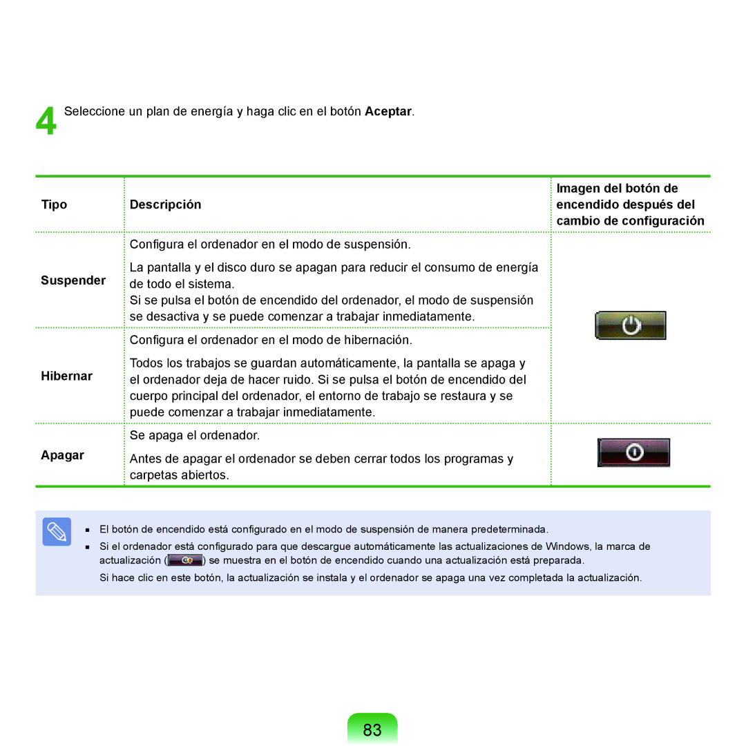 Samsung NP-X22A004/SES, NP-X22T000/SES, NP-X22A003/SES, NP-X22A002/SES manual Tipo Suspender Hibernar Apagar Descripción 