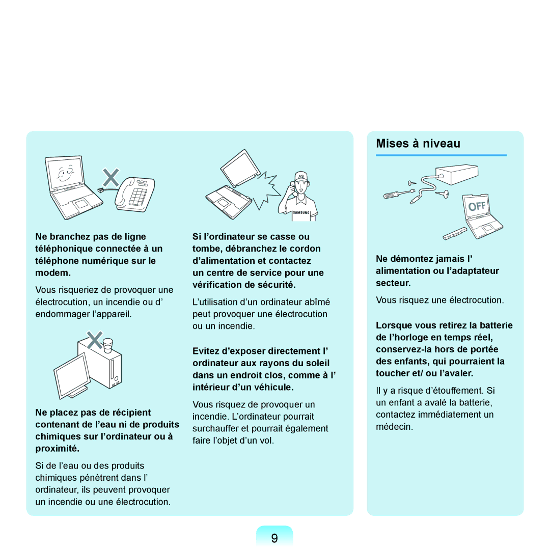 Samsung NP-X22A005/SEF, NP-X22T000/SEF manual Mises à niveau, Ne démontez jamais l’ alimentation ou l’adaptateur secteur 