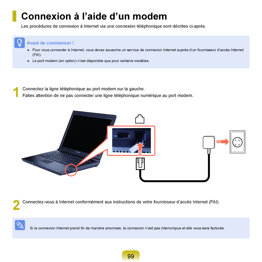 Samsung NP-X22A003/SEF, NP-X22T000/SEF, NP-X22T001/SEF, NP-X22A008/SEF, NP-X22A004/SEF manual Connexion à l’aide d’un modem 