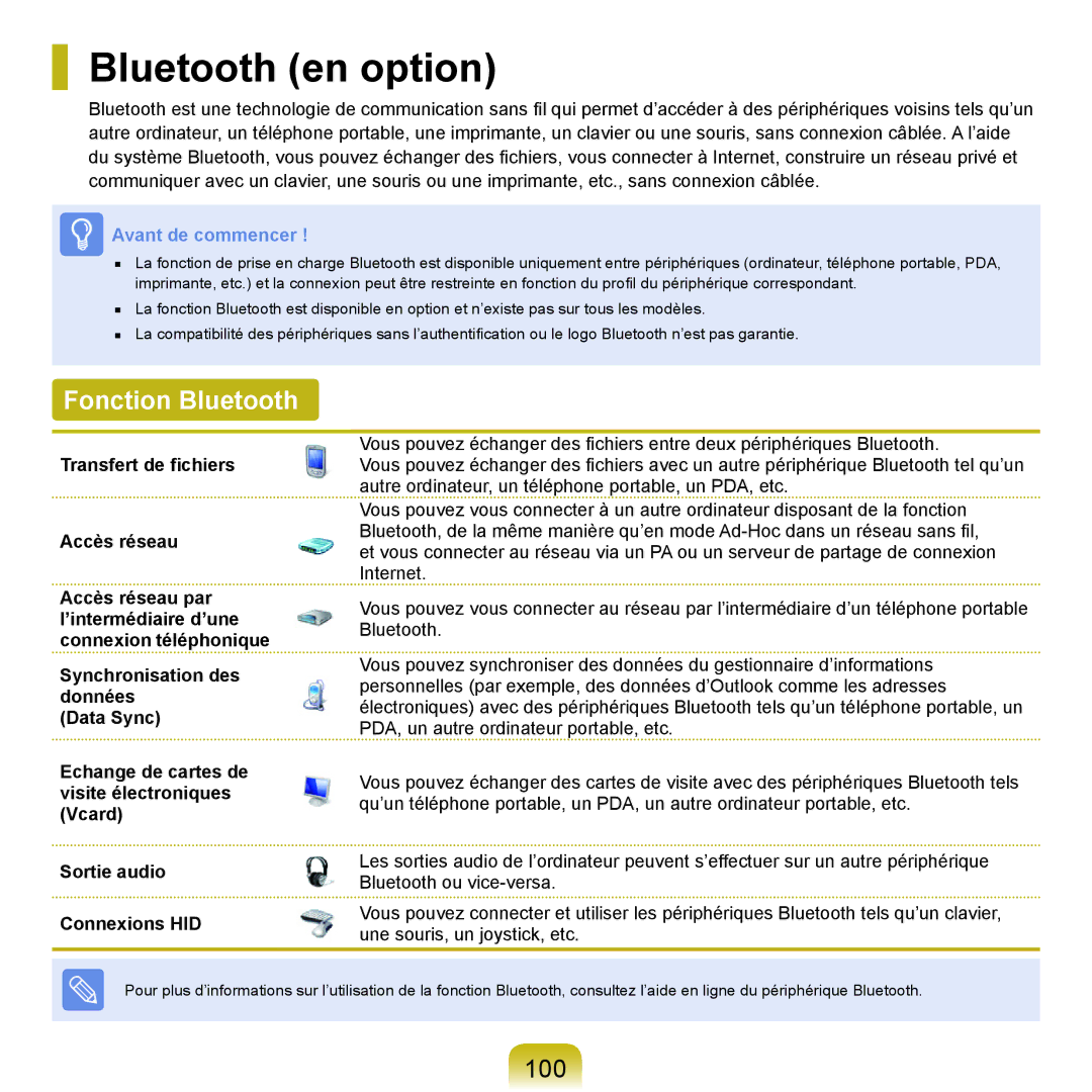 Samsung NP-X22A001/SEF, NP-X22T000/SEF, NP-X22T001/SEF, NP-X22A008/SEF manual Bluetooth en option, Fonction Bluetooth, 100 