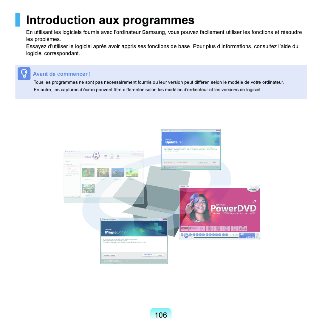 Samsung NP-X22A002/SEF, NP-X22T000/SEF, NP-X22T001/SEF, NP-X22A008/SEF, NP-X22A004/SEF manual Introduction aux programmes, 106 