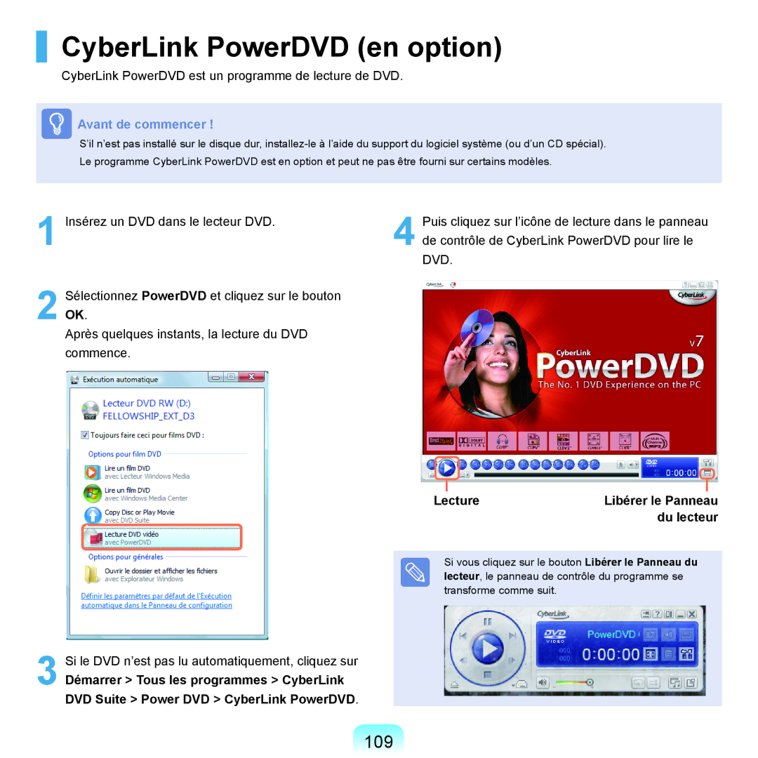 Samsung NP-X22A008/SEF, NP-X22T000/SEF, NP-X22T001/SEF manual CyberLink PowerDVD en option, 109, Lecture, Du lecteur 