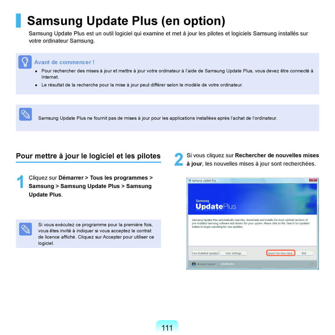 Samsung NP-X22A003/SEF, NP-X22T000/SEF Samsung Update Plus en option, 111, Pour mettre à jour le logiciel et les pilotes 