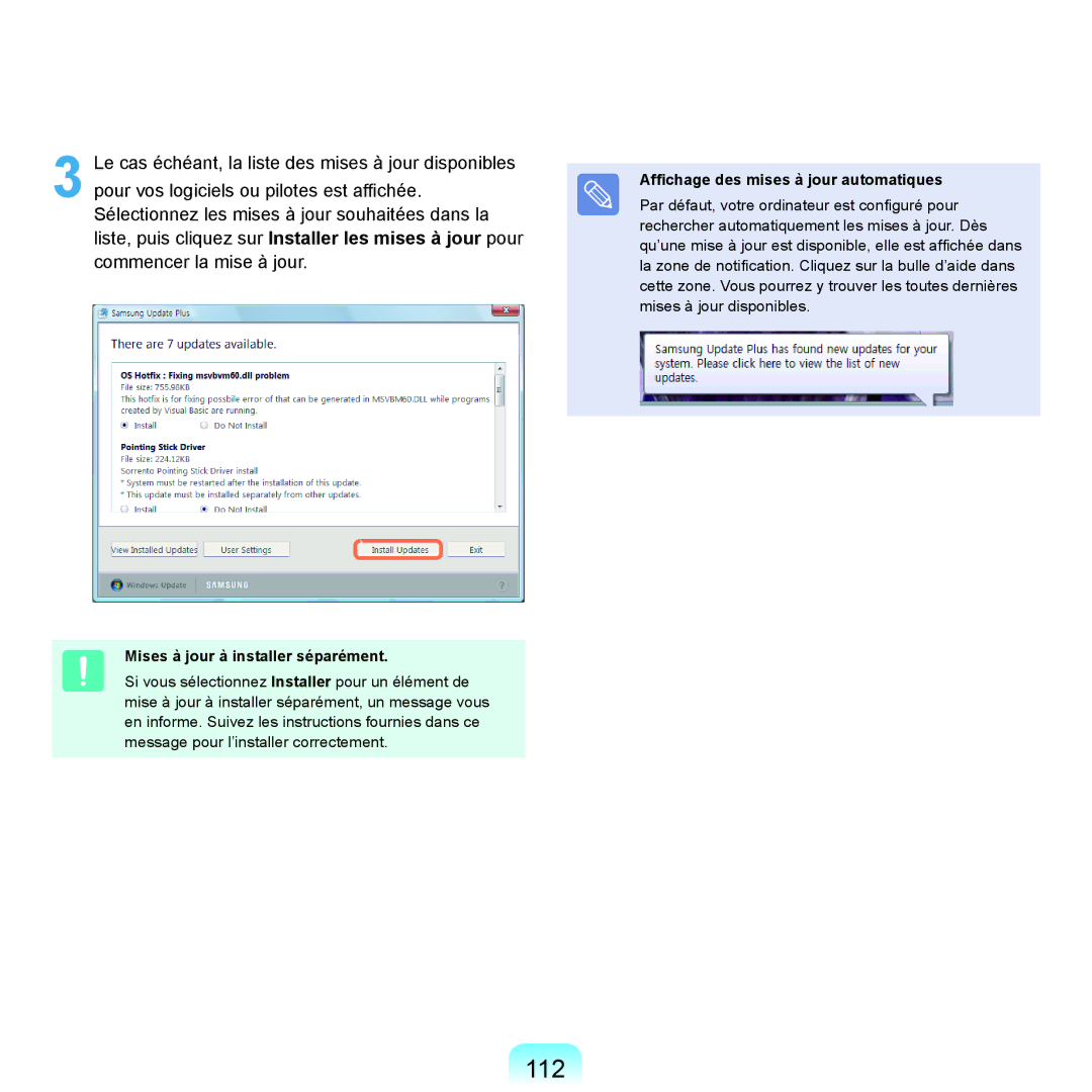 Samsung NP-X22A001/SEF, NP-X22T000/SEF 112, Mises à jour à installer séparément, Affichage des mises à jour automatiques 