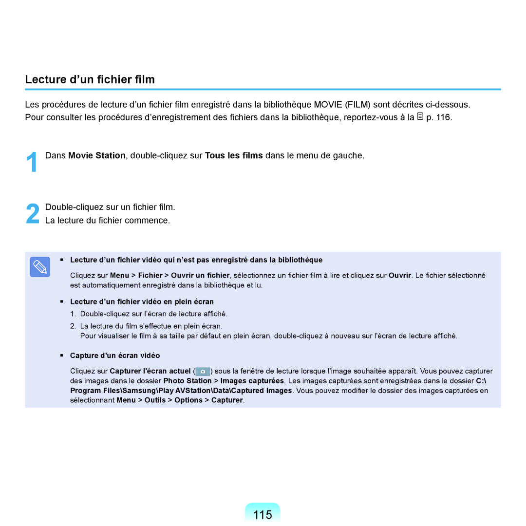 Samsung NP-X22A009/SEF 115, Lecture d’un fichier film, Lecture d’un fichier vidéo en plein écran, Capture dun écran vidéo 