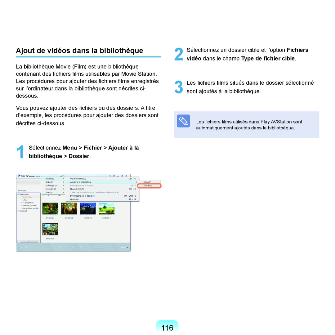 Samsung NP-X22A007/SEF, NP-X22T000/SEF, NP-X22T001/SEF, NP-X22A008/SEF manual 116, Ajout de vidéos dans la bibliothèque 