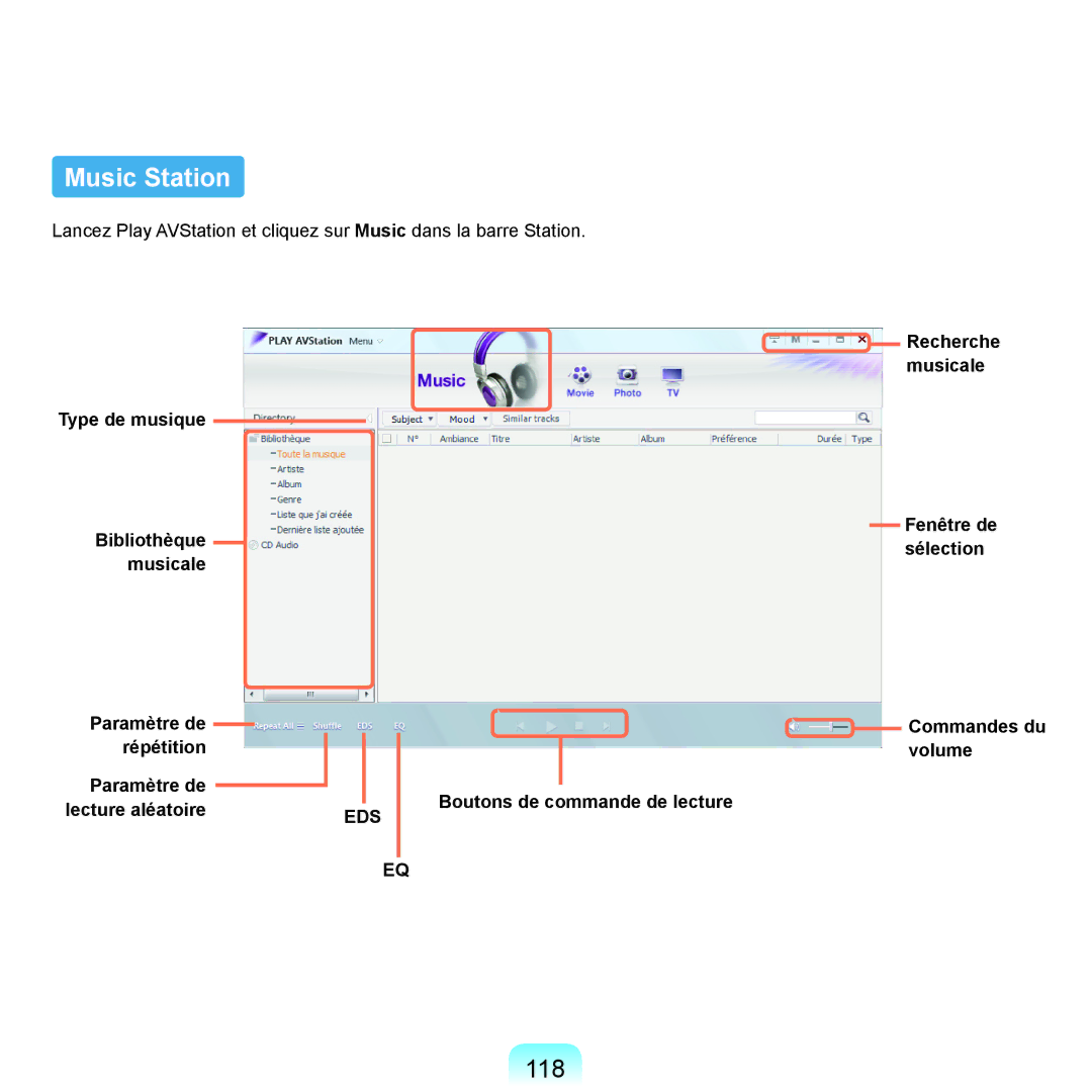 Samsung NP-X22A002/SEF, NP-X22T000/SEF Music Station, 118, Recherche musicale Fenêtre de sélection Commandes du volume 