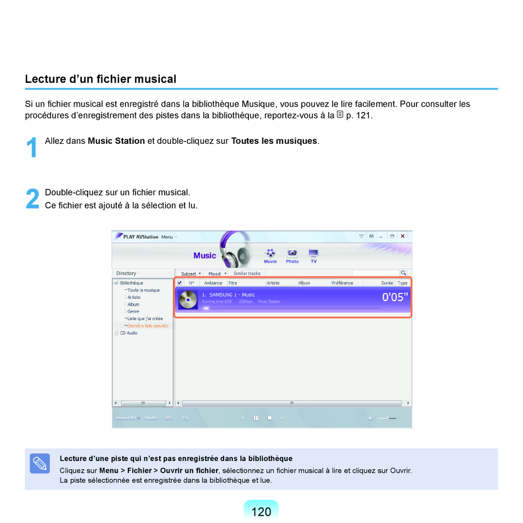 Samsung NP-X22T001/SEF, NP-X22T000/SEF, NP-X22A008/SEF, NP-X22A004/SEF, NP-X22A003/SEF manual 120, Lecture d’un fichier musical 