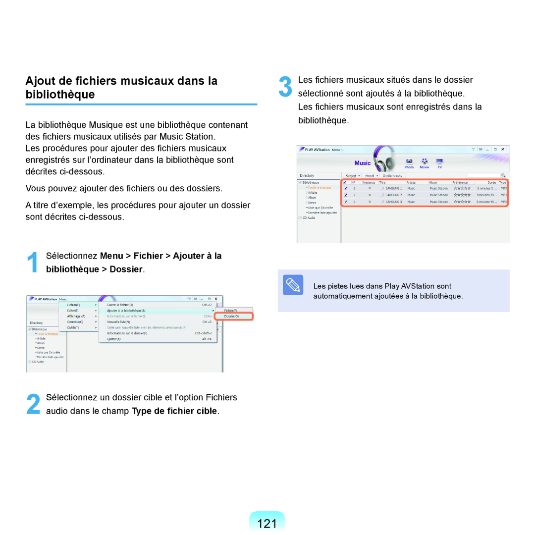Samsung NP-X22A008/SEF, NP-X22T000/SEF, NP-X22T001/SEF, NP-X22A004/SEF 121, Ajout de fichiers musicaux dans la bibliothèque 