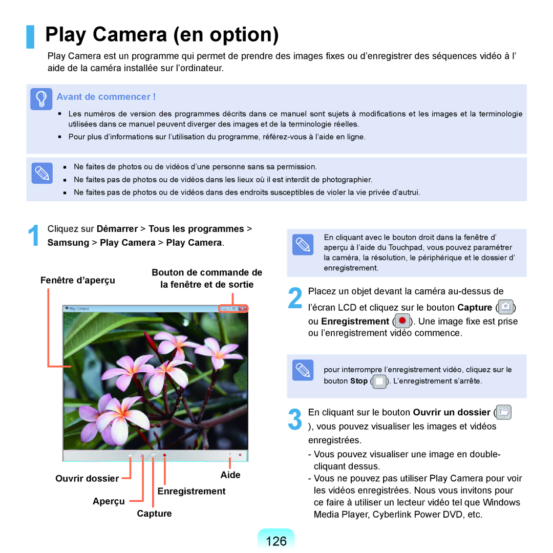 Samsung NP-X22A006/SEF, NP-X22T000/SEF manual Play Camera en option, 126, Ouvrir dossier Aide Enregistrement Aperçu Capture 